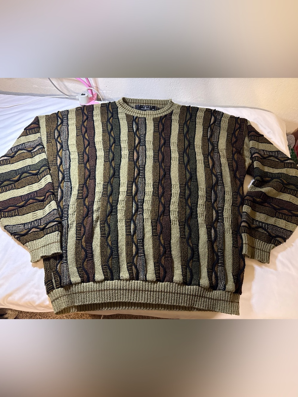 Textured Olive Green & Brown Crewneck Sweater